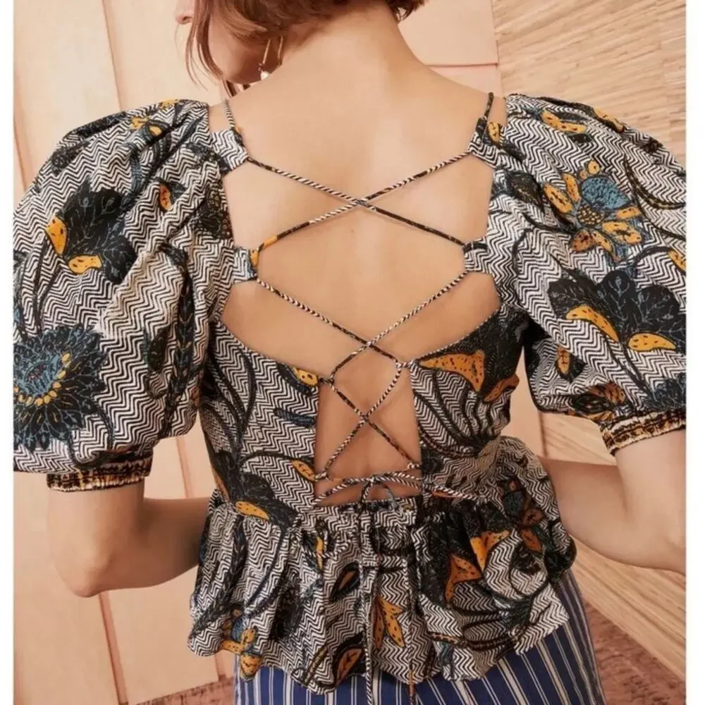 Ulla Johnson‎ Carlotta Blouse Puff Sleeve Cotton Portofino Print Size 14